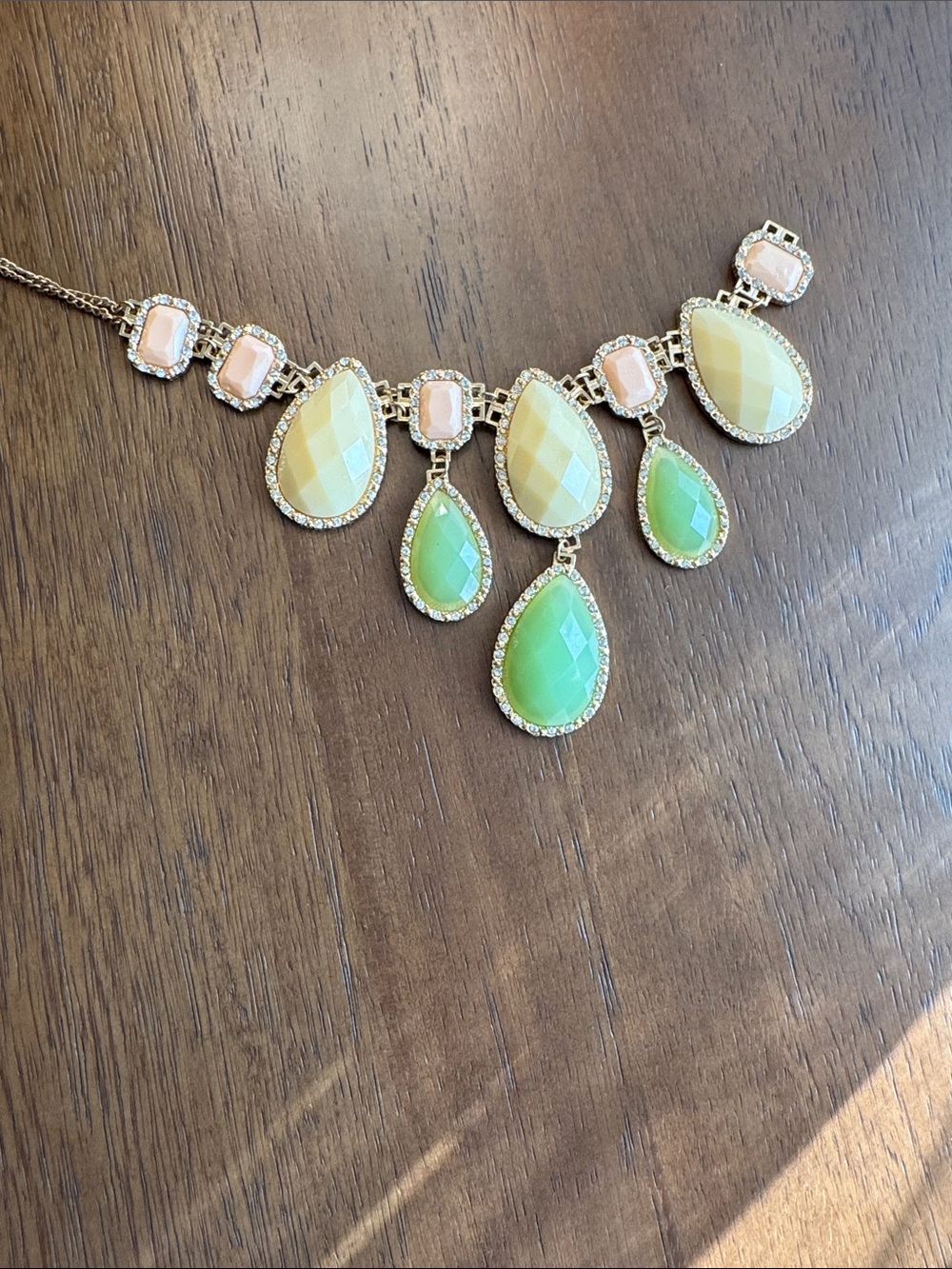 Gold Statement Necklace with Green and Peach Teardrop Stones